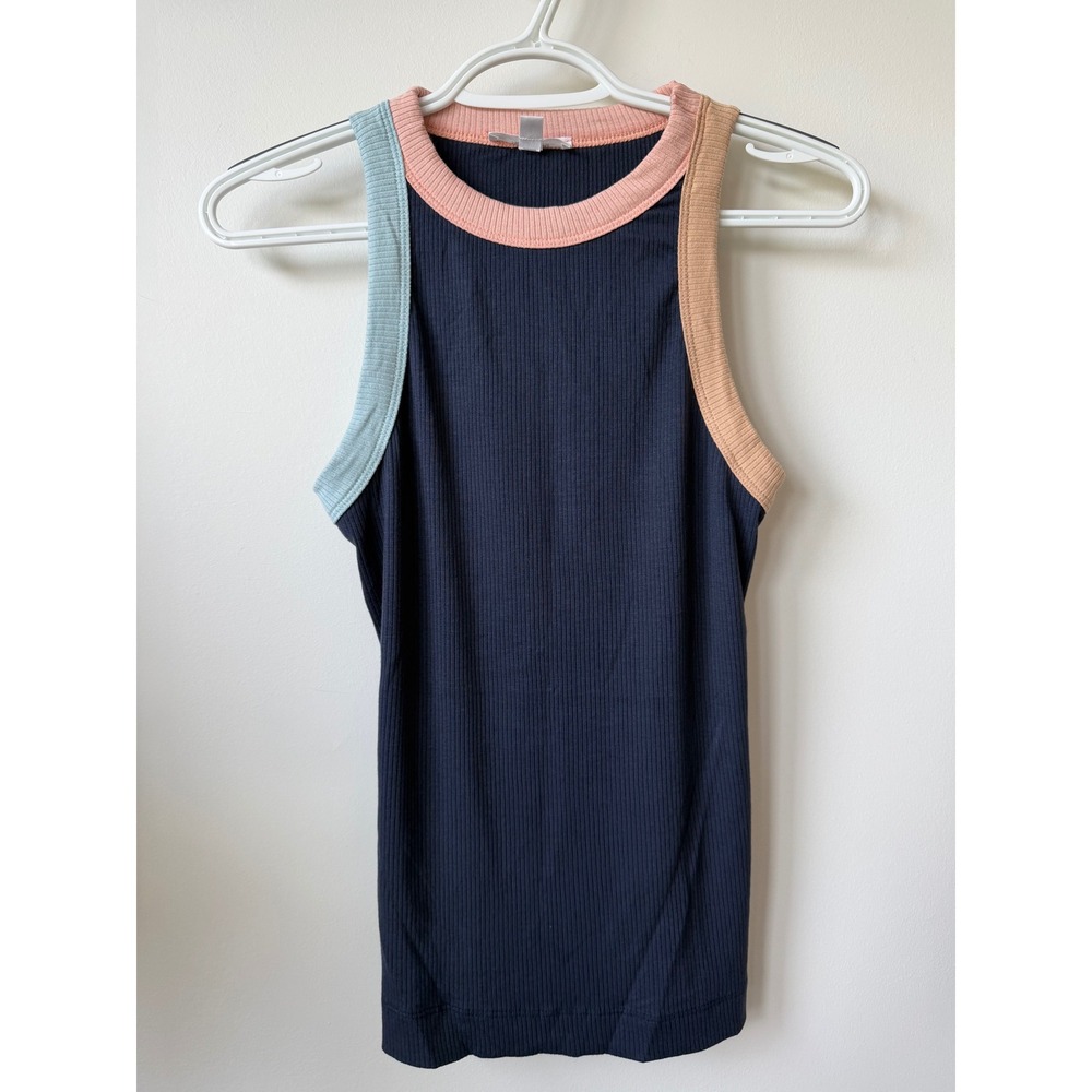 Hashttag Navy Blue Ribbed Colorblock Tank Top Pastel Trim Sleeveless Shirt Large